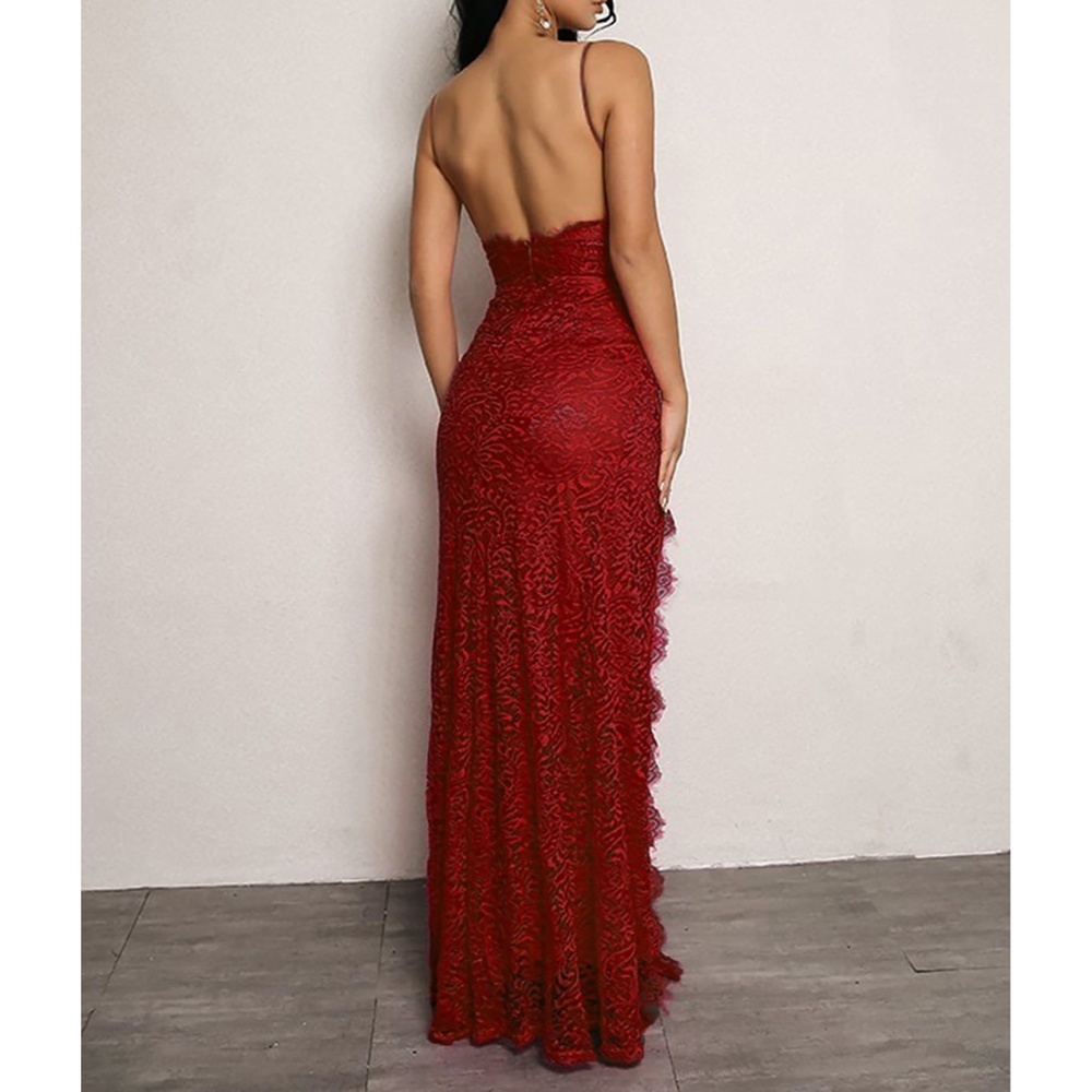 Red Lace Side Slit Sexy Cami Maxi Evening Dress - Picture 2 of 7